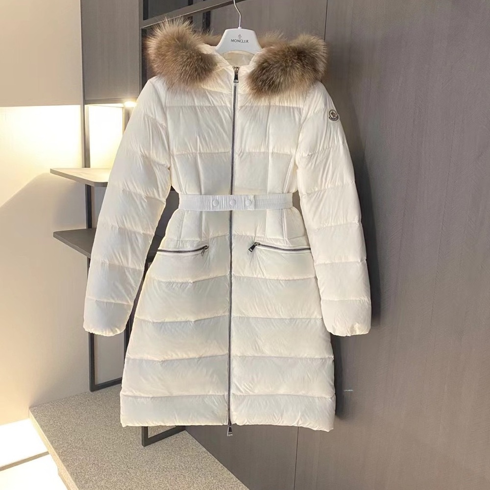 Moncler White Quilted Down Parka with Brown Fur Trim